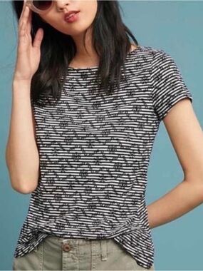 Anthropologie Postmark Top S Womens Shirt Black White Stripe Floral Embroidered